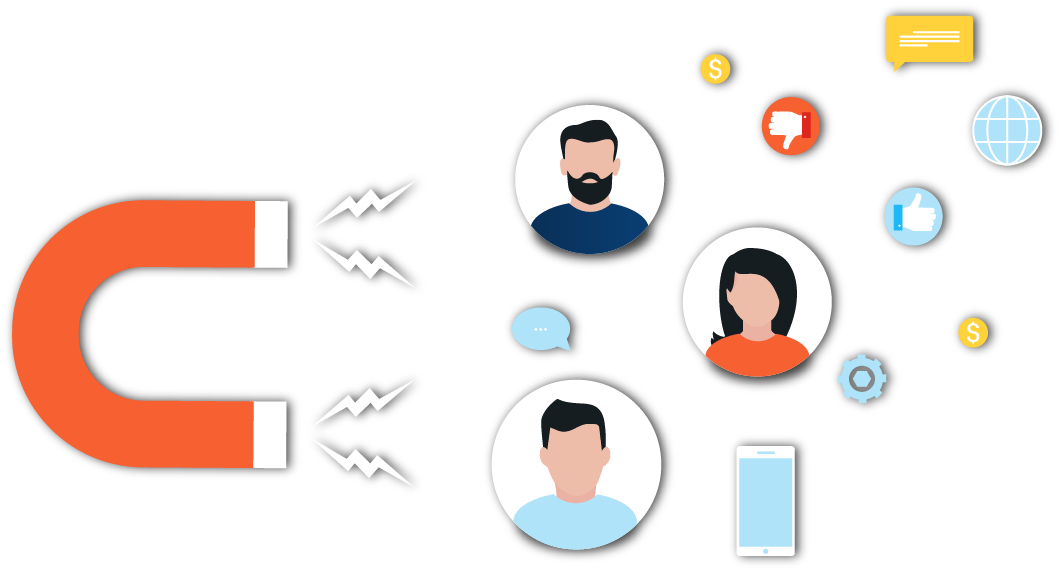 Magnet attracting customers with icons for engagement, support, global reach, and communication