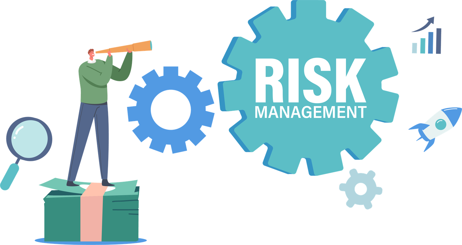 Risk management concept with gear, analysis tools, telescope, and performance growth indicators