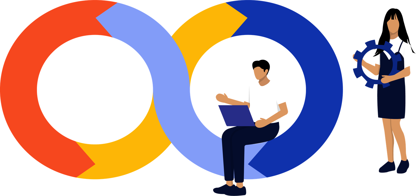 Illustrated team members collaborating within interconnected circular rings representing agile methodology