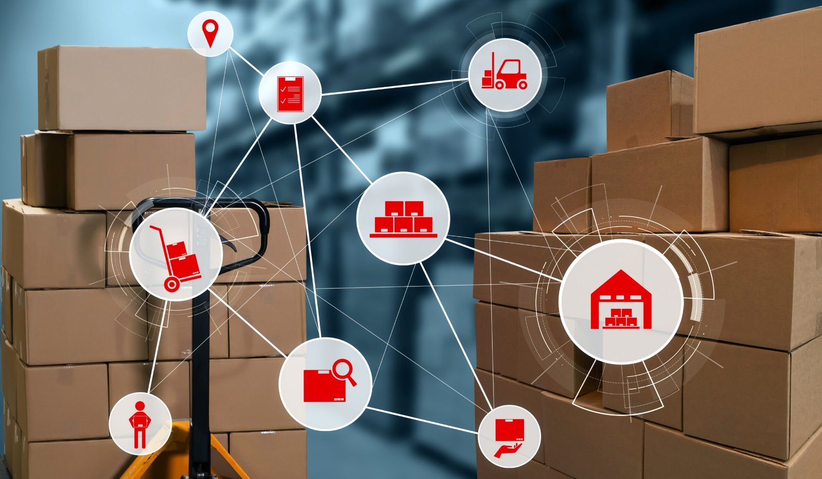 Supply chain optimization workflow with boxes and icons showing logistics processes