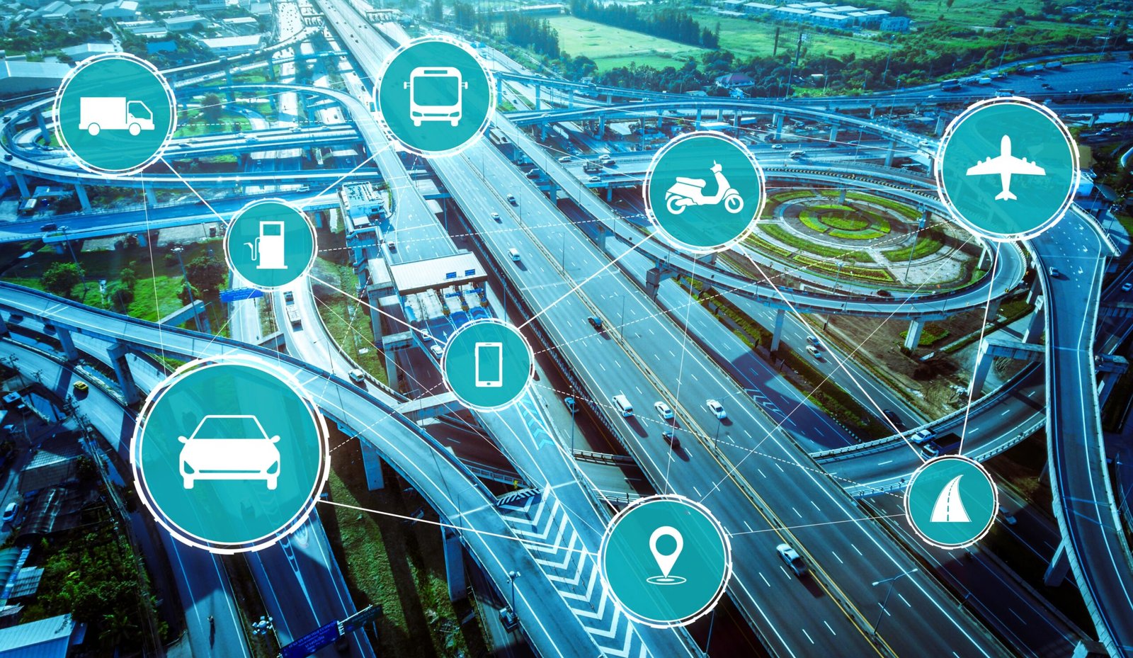 Aerial highway infrastructure with transportation and fleet management network icons