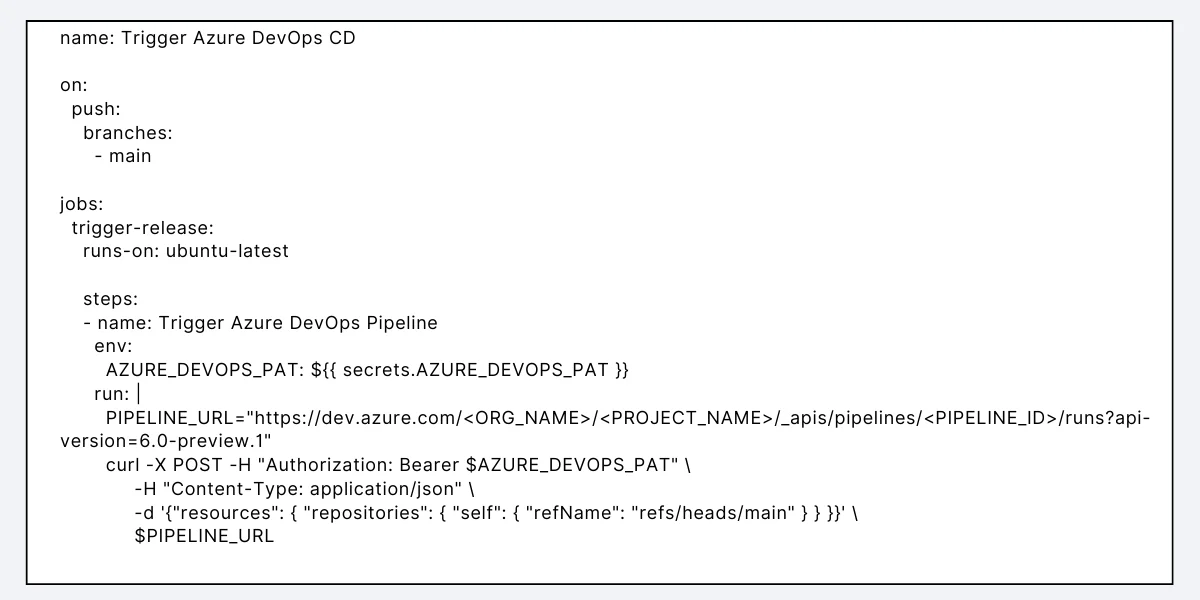 To initiate an Azure DevOps deployment, add a workflow to your GitHub repository: