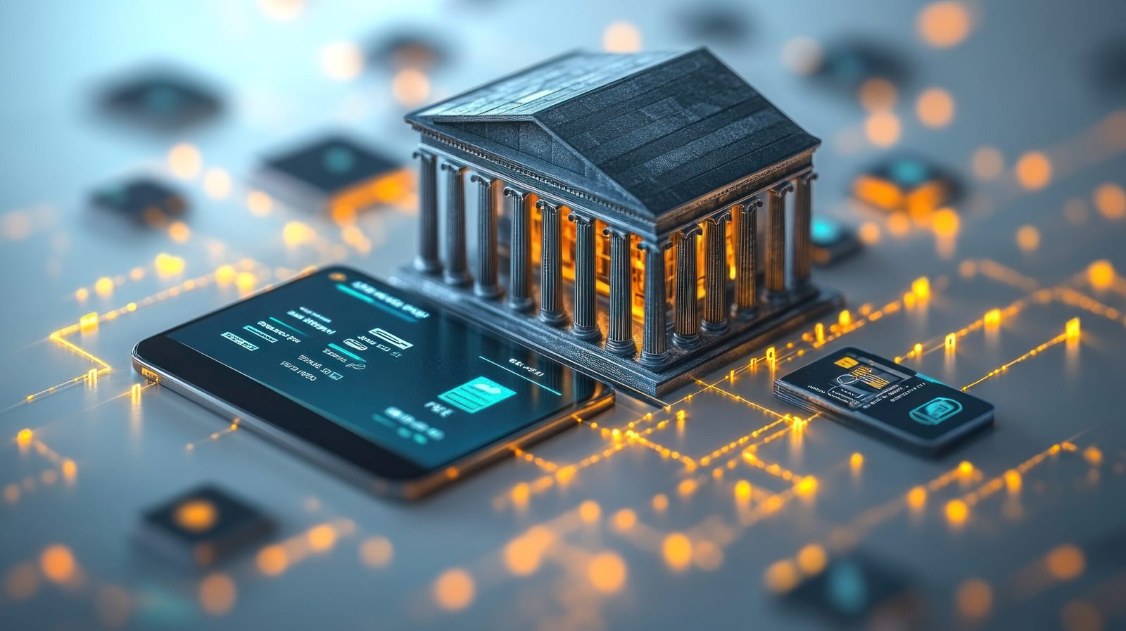 A digital representation of a bank with a tablet and circuit patterns, symbolizing finance technology.