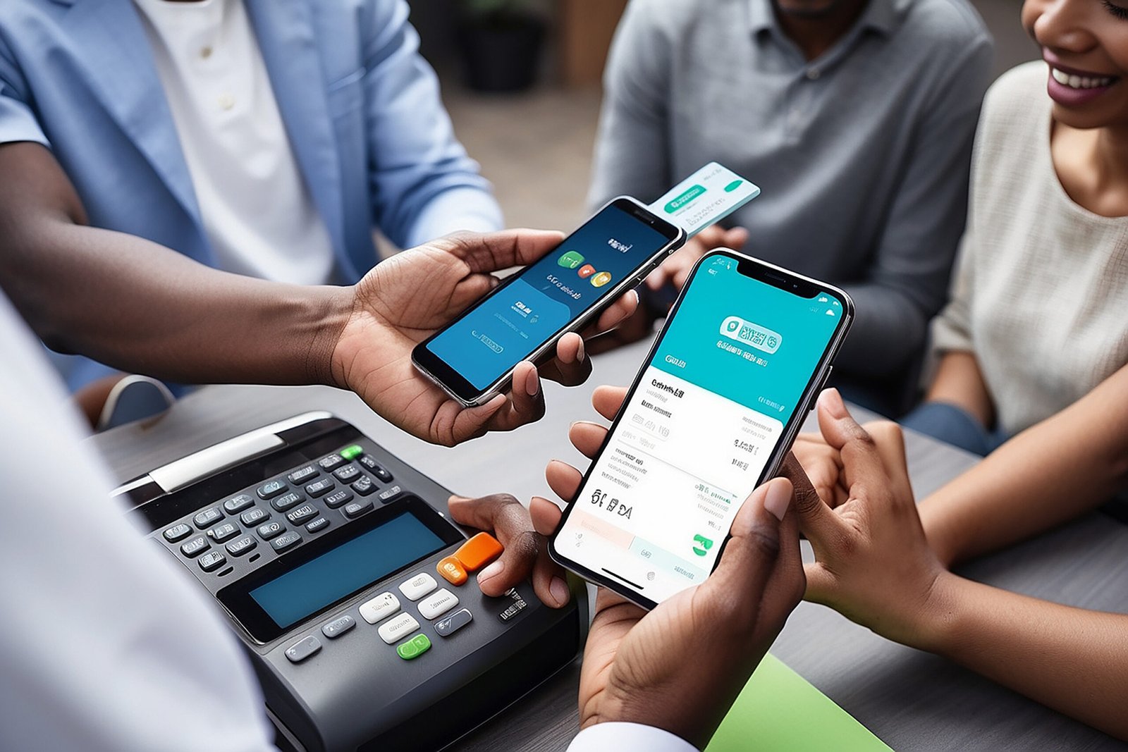 People making financial transactions via mobile app