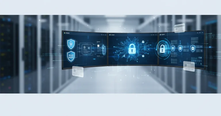 Azure cloud dashboard showing PCI DSS compliance shields and payment processing automation pipelines for secure fintech infrastructure