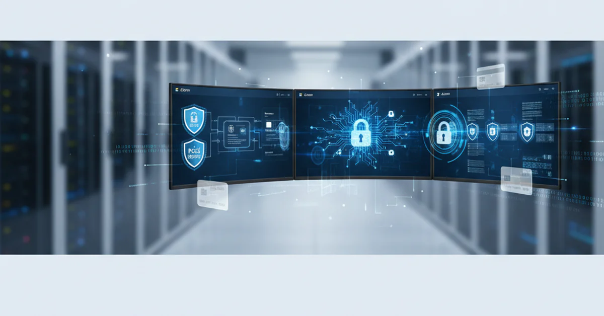 Azure cloud dashboard showing PCI DSS compliance shields and payment processing automation pipelines for secure fintech infrastructure