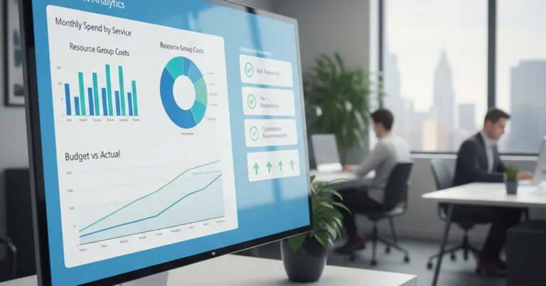 Azure cloud cost optimization dashboard showing infrastructure savings metrics and analytics for SMBs and startups