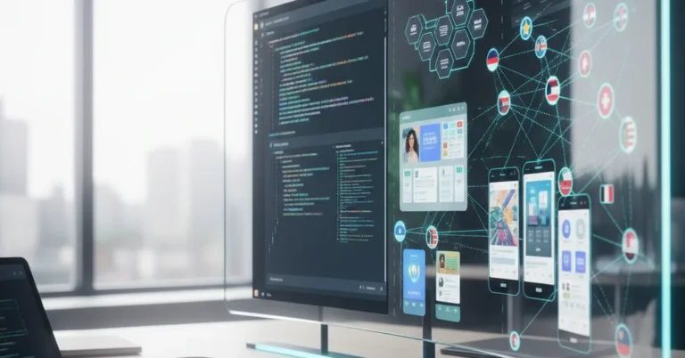 Startup app development outsourcing concept with cloud dashboards, mobile prototypes, and global development network visualization