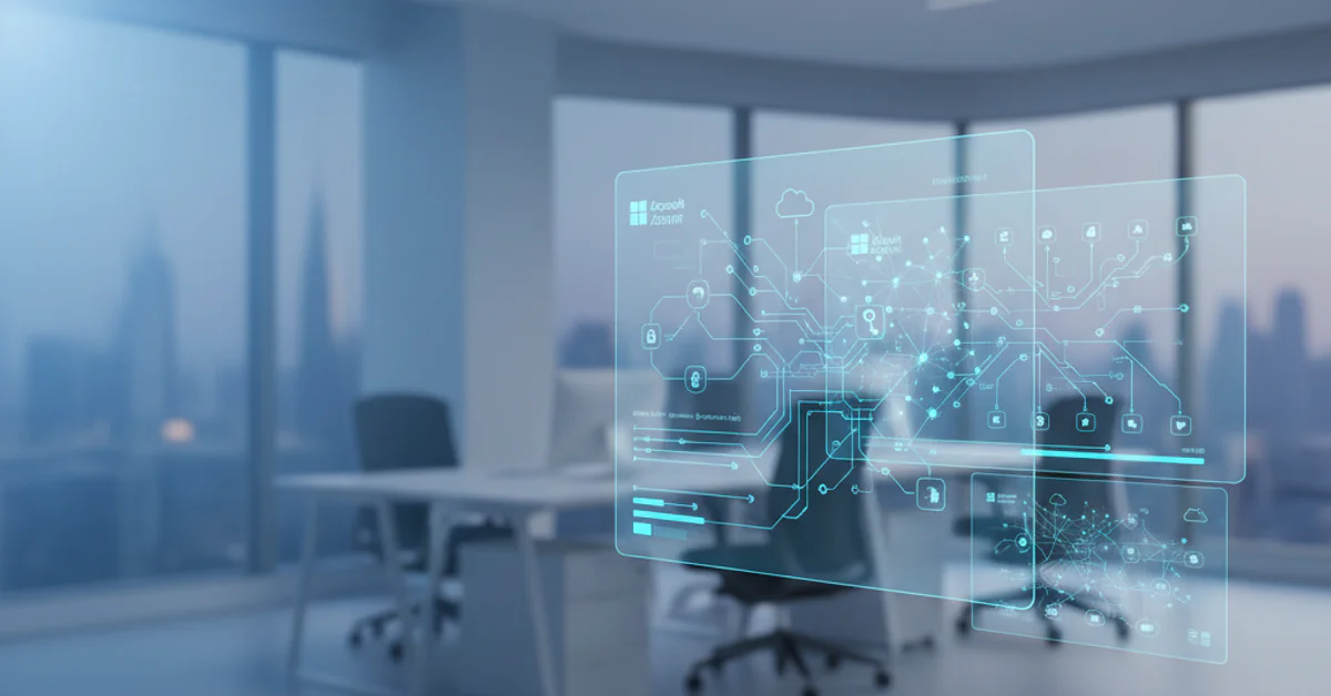 Azure cloud infrastructure with AI agent workflow diagrams and deployment pipelines for SMB technology solutions - build and deploy AI agents on Microsoft Azure for SMBs