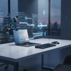 Abstract holographic code streams and AI governance icons floating above a modern developer workspace in blue and navy tones