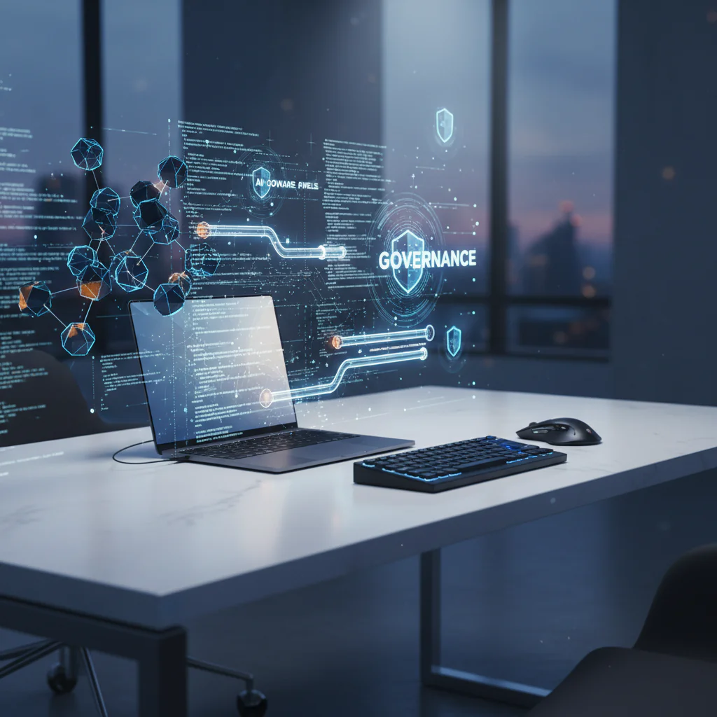 Abstract holographic code streams and AI governance icons floating above a modern developer workspace in blue and navy tones