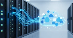 On-premise server infrastructure migrating to Azure cloud with zero downtime, showing connected data center and cloud architecture - migrate on-premise infrastructure to Azure