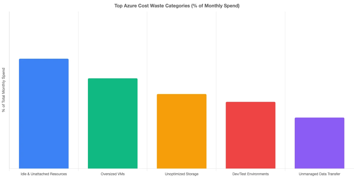 Bar chart comparing the five most common Azure cost waste categories and their typical percentage contribution to total monthly Azure spend - azure cost optimization