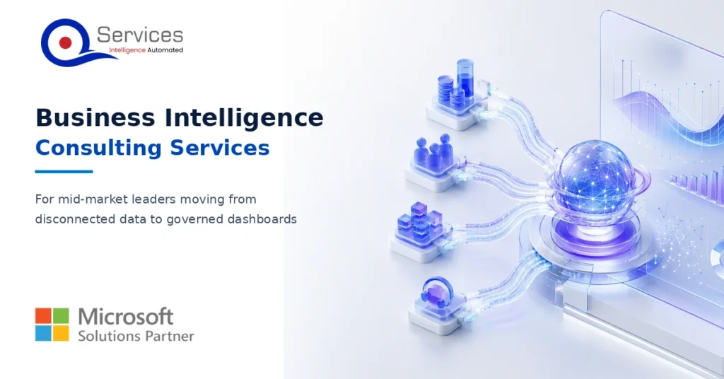 Mid-market IT leaders reviewing a governed business intelligence architecture and Power BI dashboards - business intelligence consulting services