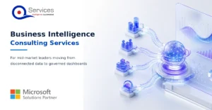 Mid-market IT leaders reviewing a governed business intelligence architecture and Power BI dashboards - business intelligence consulting services