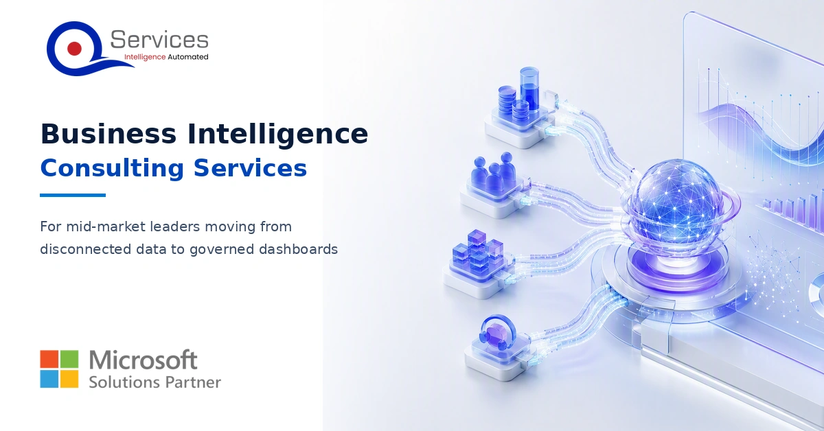 Mid-market IT leaders reviewing a governed business intelligence architecture and Power BI dashboards - business intelligence consulting services