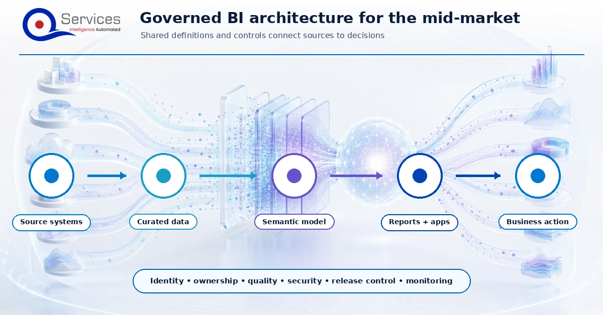Governed mid-market BI architecture from source systems through curated data and shared semantic models to reports