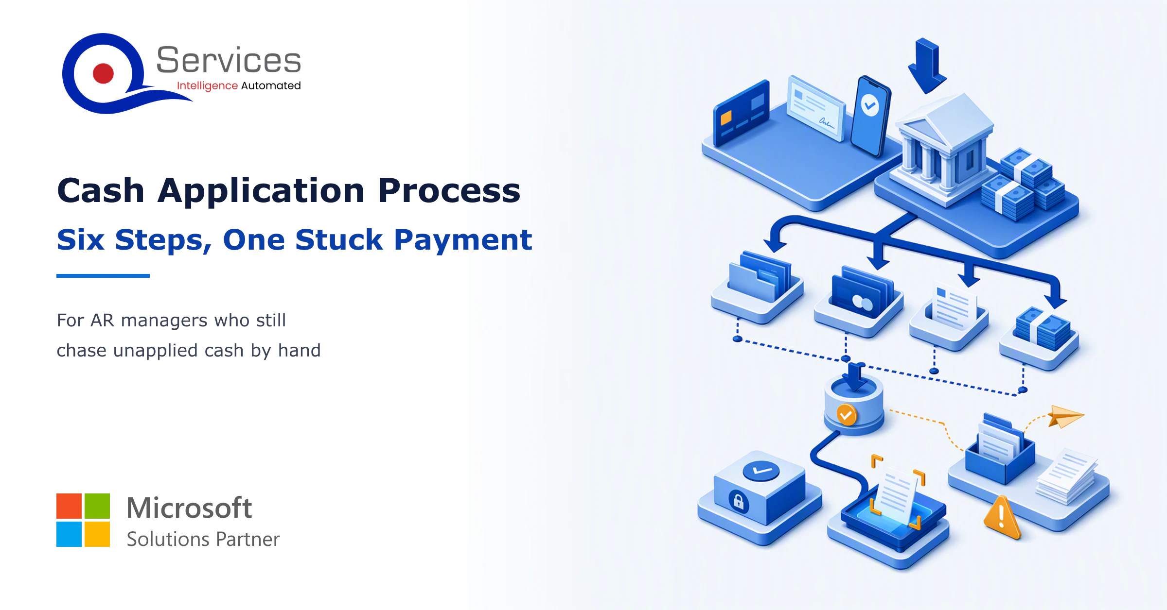 Isometric illustration of a payment moving along six connected stations from bank deposit to ERP ledger, with one station highlighted where the flow stalls. - cash application process