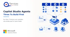 Isometric illustration of three connected agent modules for remittances, order intake and ticket triage feeding an ERP, with an approval gate between them. - copilot studio agents