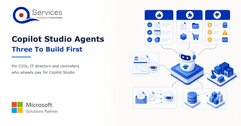 Isometric illustration of three connected agent modules for remittances, order intake and ticket triage feeding an ERP, with an approval gate between them. - copilot studio agents