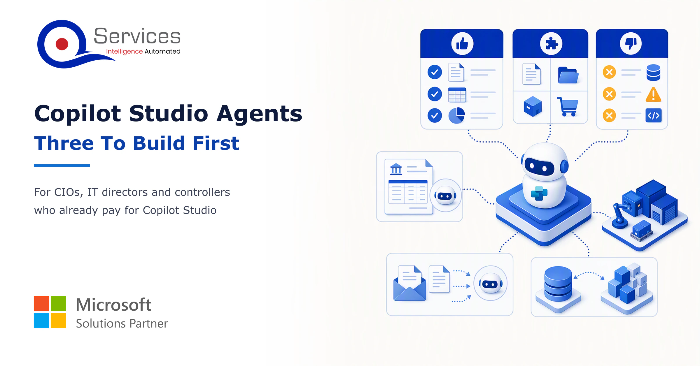 Isometric illustration of three connected agent modules for remittances, order intake and ticket triage feeding an ERP, with an approval gate between them. - copilot studio agents