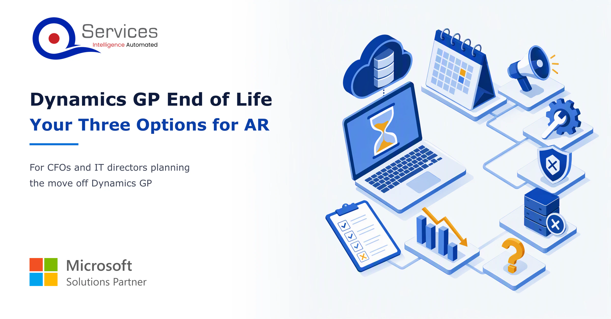 Isometric illustration of a timeline running from 2027 to 2029 with three diverging paths leading to server, cloud ERP and warning icons. - dynamics gp end of life