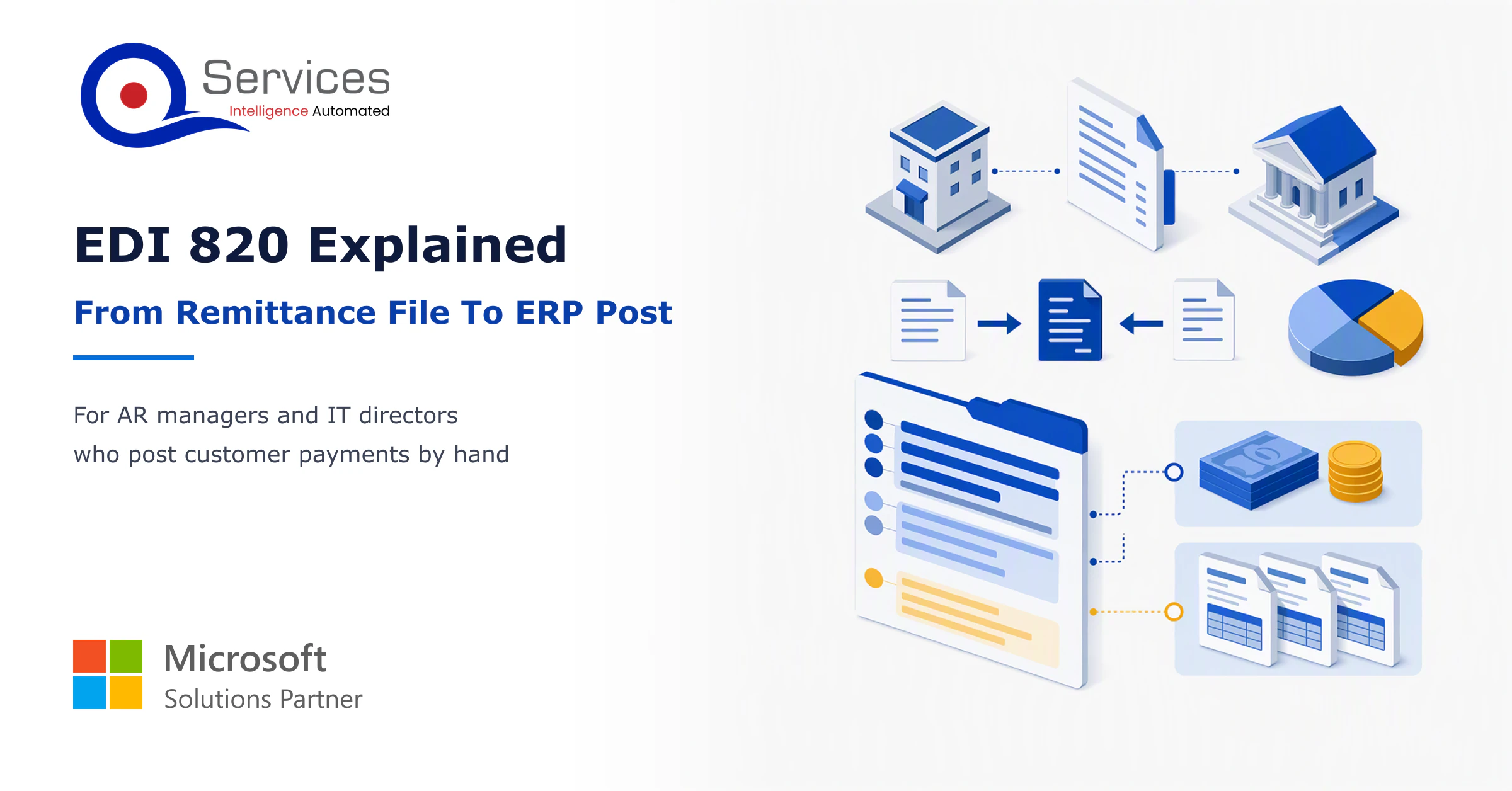 Isometric illustration of an EDI 820 remittance file flowing through a matching step into an ERP ledger, with invoice documents lined up beside it.