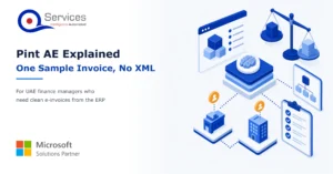 Isometric illustration of an invoice document connected to ERP modules and a validation checkpoint, with field blocks flowing between them. - pint ae