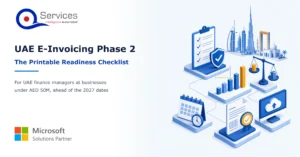 Isometric illustration of an invoice flowing through an ERP into a secure e-invoicing network, with a checklist and calendar beside it. - uae e invoicing requirements