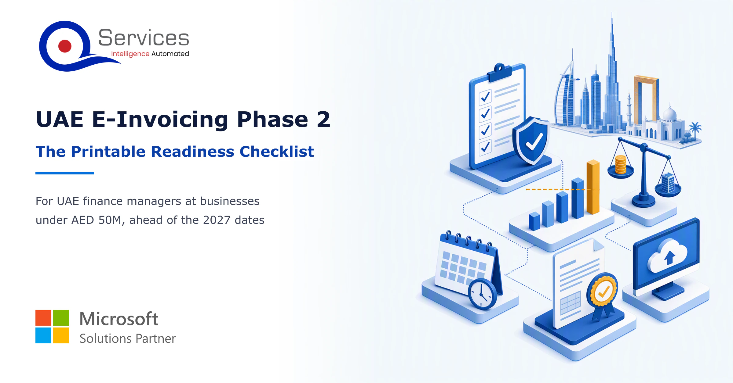 Isometric illustration of an invoice flowing through an ERP into a secure e-invoicing network, with a checklist and calendar beside it. - uae e invoicing requirements